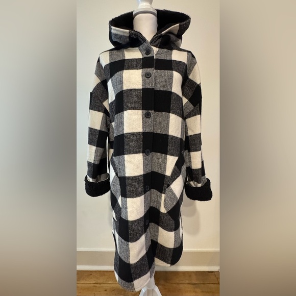 RDI Jackets & Blazers - NEW RDI Black & White Buffalo Plaid Long Coat Faux Shearling Hood & Cuffs Size M